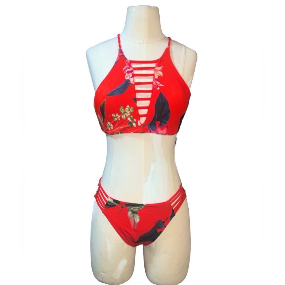 LANDS END | RED FLORAL CRIS CROSS HALTER BIKINI